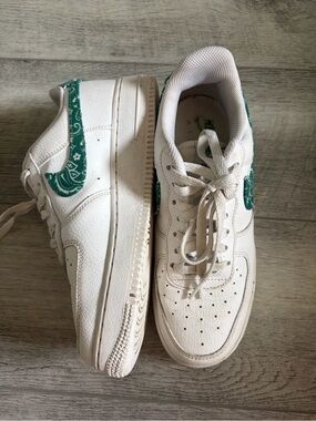 Nike Air Force 1 White Sneakers with Green Paisley Swoosh